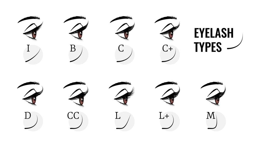 LAVISLASH. Eyelash types. Curved female eyelashes extension, various length and bend. Profile view of woman eyes with long fake lashes. Isolated models of face makeup. Vector beauty salon service