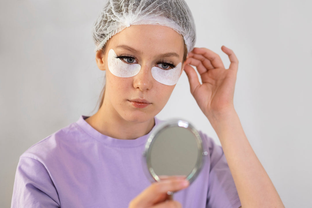 Front view woman looking in the mirror to do home lash extensions