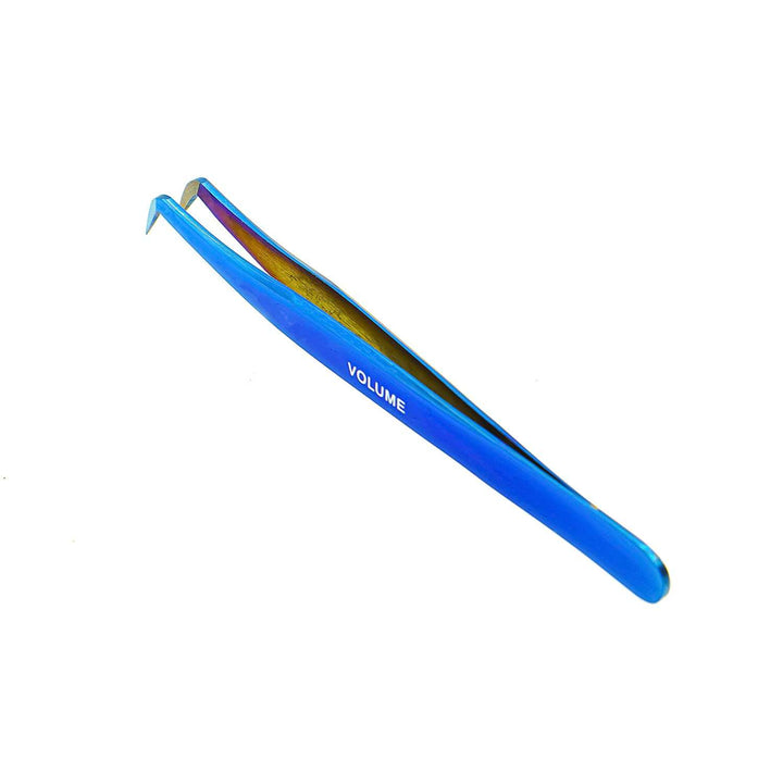 LAVISLASH VOLUME TWEEZERS | L-90 Shape | 4.8 inches 12cm | Gold Blue | Thin-Angled Precision Head For Creating Volume Fans