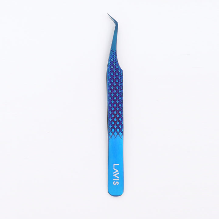 LAVISLASH CLASSIC TWEEZERS | L-45 Shape | 8mm tip12cm | Gold Blue | Easy To Separate Classic Lashes And Pick Up Individual Lashes From The Strip