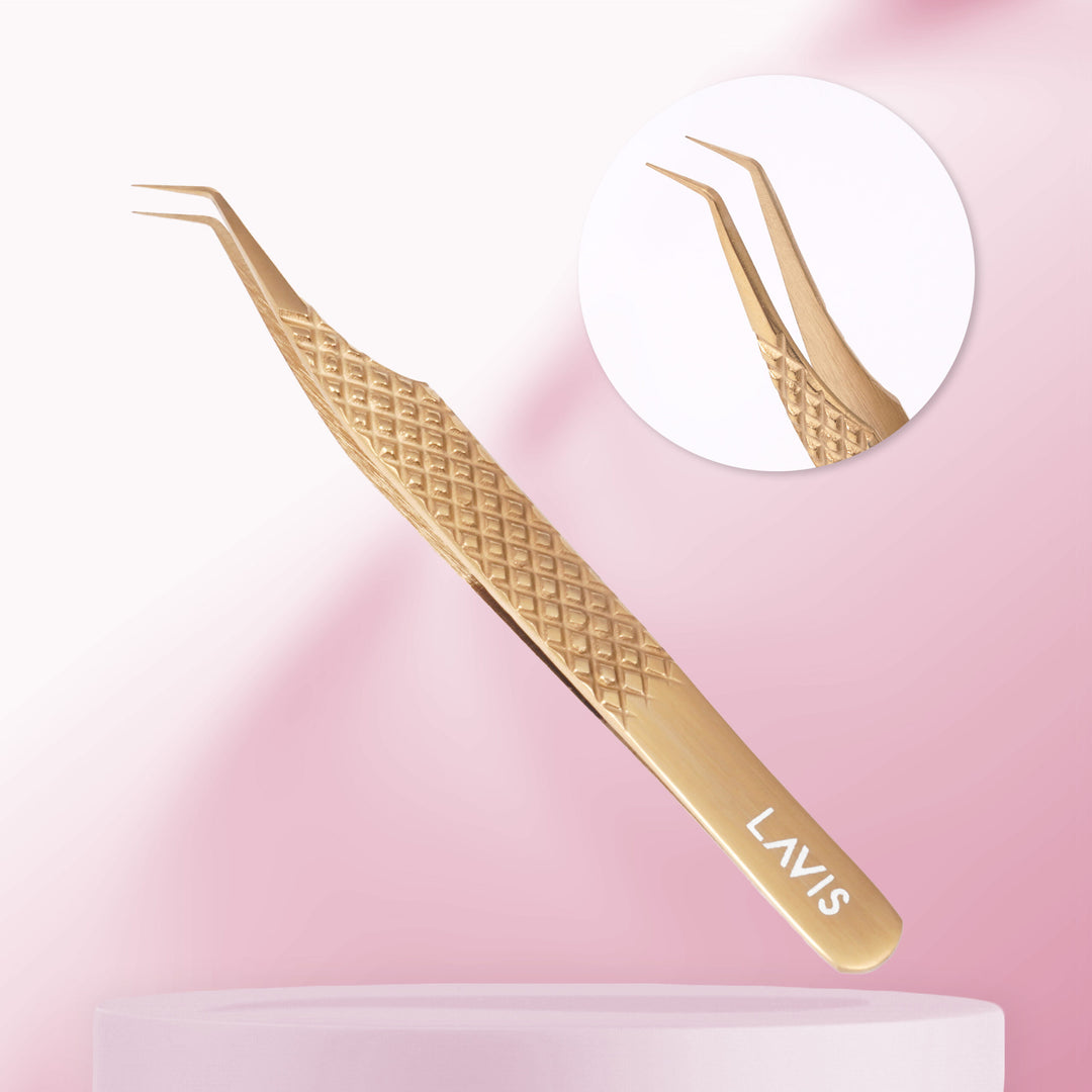 LAVISLASH CLASSIC TWEEZERS | L-45 Shape | 8mm tip12cm | Gold Blue | Easy To Separate Classic Lashes And Pick Up Individual Lashes From The Strip