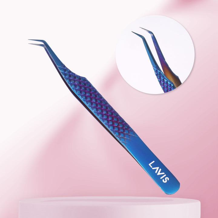 LAVISLASH CLASSIC TWEEZERS | L-45 Shape | 8mm tip12cm | Gold Blue | Easy To Separate Classic Lashes And Pick Up Individual Lashes From The Strip